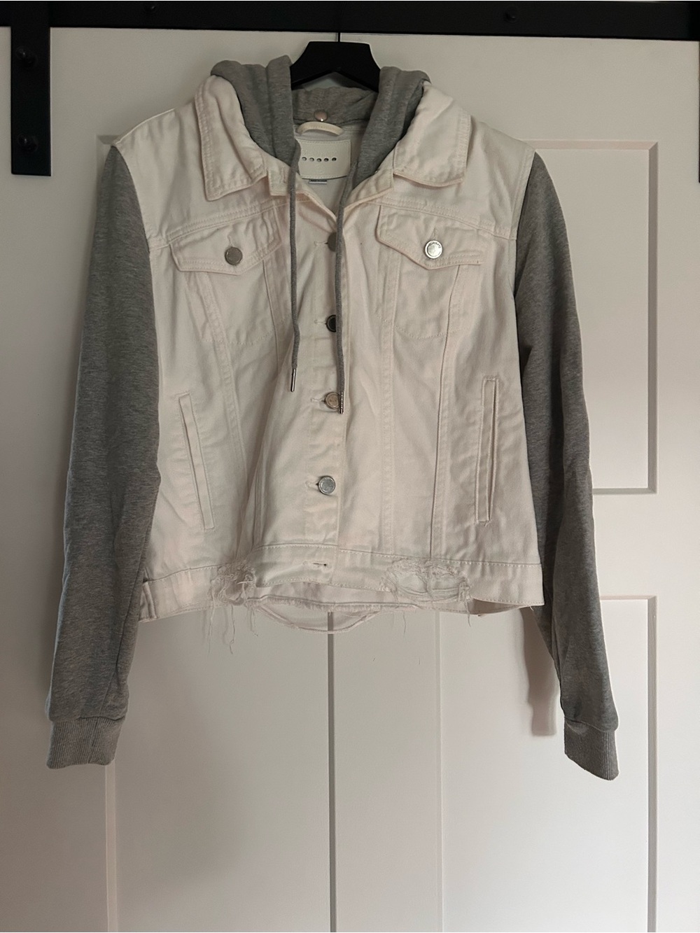 Blank NYC White Denim Jacket with Gray Hoodie Sleeves